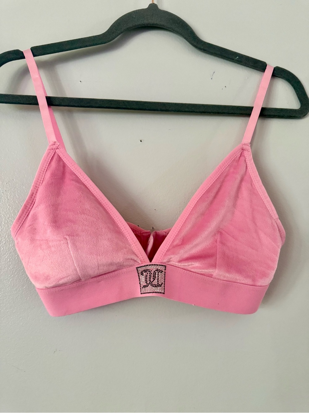 Juicy Couture Pink Velvet Feel Triangle Bralette with Crystal Logo Emblem Large